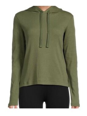 ATM Anthony Thomas Melilo Olive Green Hooded Rib-Knit Cotton Blend Top S
